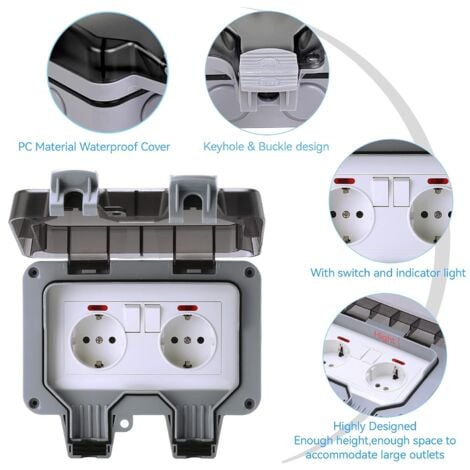 Prise étanche complète Extérieure 16 A IP66 avec interrupteur, boîte de dérivation étanche, interrupteur extérieur étanche mural double pour Cuisine, Salle de Bain, Garage, Piscine et Jardin