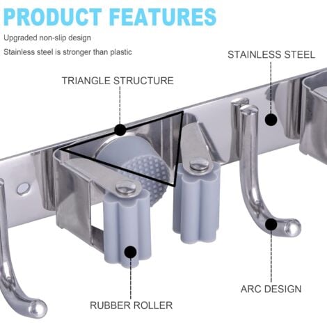 2 Pièces Porte Balais Mural Accroche, Support Mural Balais Acier Inoxydable pour Cuisine, Garage,Jardin, Salle de Bain(3 Emplacements et 4 Crochets,Argent)
