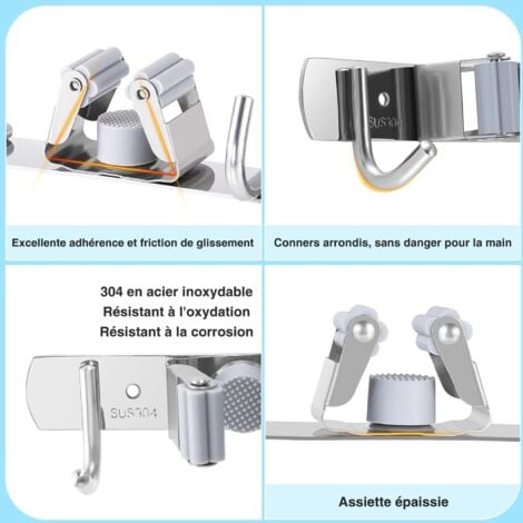 2 Pièces Porte Balais Mural Accroche, Support Mural Balais Acier Inoxydable pour Cuisine, Garage,Jardin, Salle de Bain(3 Emplacements et 4 Crochets,Argent)