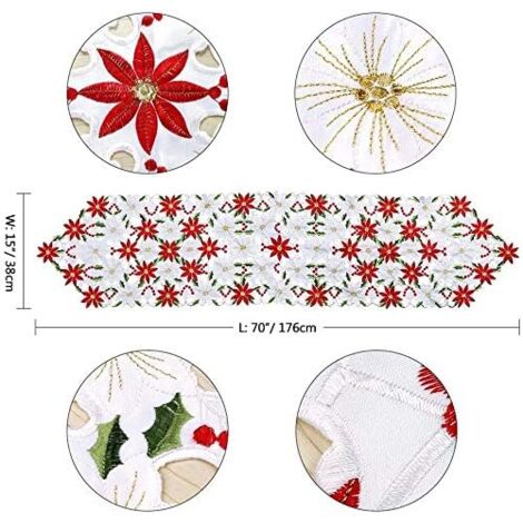 38CM x 176CM Chemins De Table De Noël, 2 Côtés Coton Et Lin Brodé Chemin De Table Poinsettia Et Feuille De Houx Linge De Table pour La Décoration De Table De Mariage Décorations De Noël