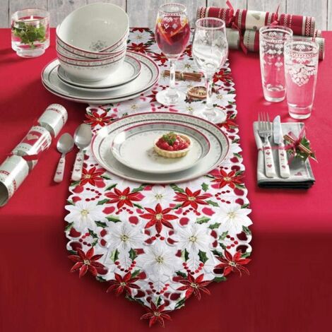 38CM x 176CM Chemins De Table De Noël, 2 Côtés Coton Et Lin Brodé Chemin De Table Poinsettia Et Feuille De Houx Linge De Table pour La Décoration De Table De Mariage Décorations De Noël