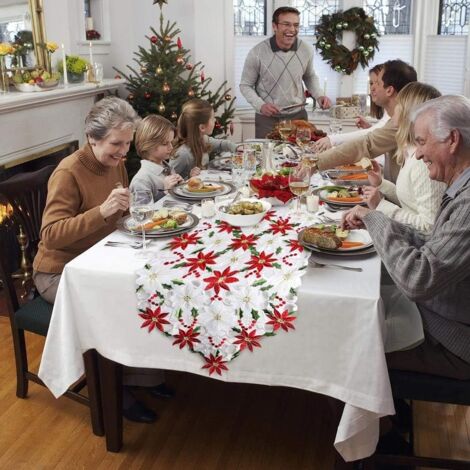 38CM x 176CM Chemins De Table De Noël, 2 Côtés Coton Et Lin Brodé Chemin De Table Poinsettia Et Feuille De Houx Linge De Table pour La Décoration De Table De Mariage Décorations De Noël