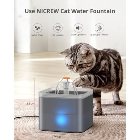 Fontaine à Eau pour Chat Chien 2 L, Distributeur Eau pour Chat Silencieux avec Filtre Remplaçable, Grise