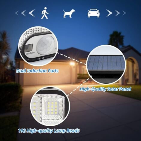 Lampe Solaire Exterieur, 192 LED Lumiere Solaire Exterieur Détecteur de Mouvement, Spot Solaire Exterieur, Projecteur Solaire IP65 Etanche, 3 Modes Eclairage Solaire pour Jardin Entrée Cour