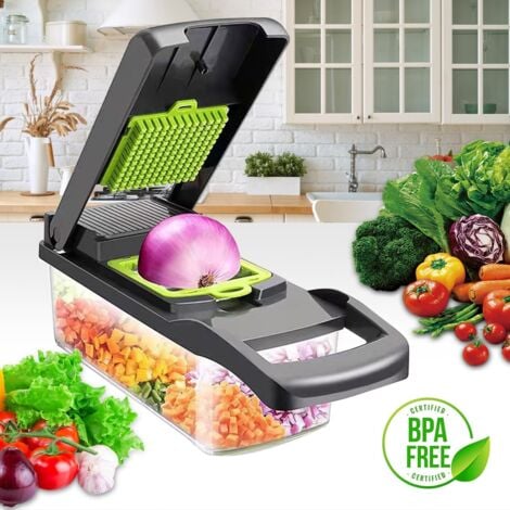 16 en 1 Mandoline Cuisine Kit, Coupe Decoupe Legumes Multifonctions, Legumes Manuel à 7 Lames Remplaçables Vegetable Chopper, Coupe Legume Cube, pour Couper, Râper Les, Trancher Légumes