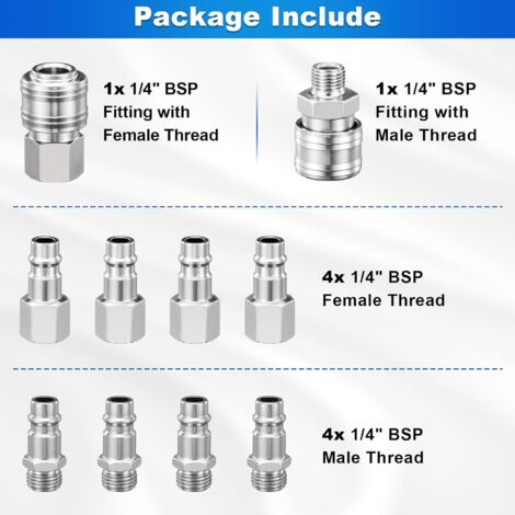 Raccord Rapide Pneumatique 1/4" BSP, 10 Pièces Embout Compresseur Air Européen, Raccord de Compresseur pour Tuyau Pneumatique