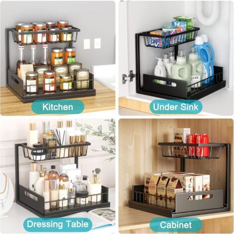 Rangement sous Évier Cuisine, Métal Organisateur sous Evier Tiroir Coulissant à Extraction 2 Étages Forme en L, Rangement Et Organisation De Cuisine Stable de Grande Capacité, Noir