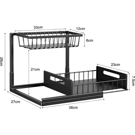 Rangement sous Évier Cuisine, Métal Organisateur sous Evier Tiroir Coulissant à Extraction 2 Étages Forme en L, Rangement Et Organisation De Cuisine Stable de Grande Capacité, Noir