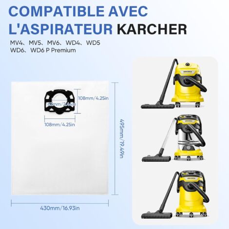 Lot de 12 Sacs pour Aspirateur Karcher, Sacs de KFI 487 Filtre Sacs d'aspirateur accessoire pour Karcher WD4,WD5,WD6,MV4,MV5,MV6,WD4.000 ... WD5.999,2.863-006.0