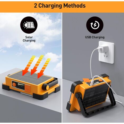 Projecteur LED Rechargeable,Projecteur LED Chantier Portable Solaire & Batterie Rechargeable,4 Modes Lampe de Travail Pour Camping, Chantier, Garage, Atelier