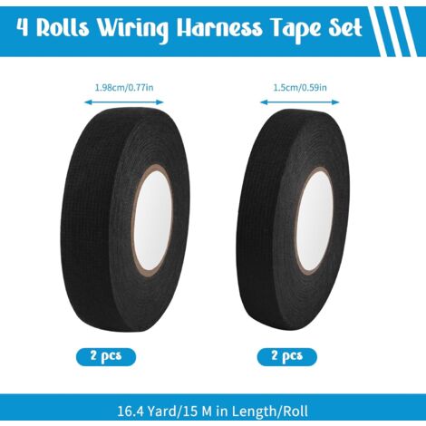 Lot de 4 Ruban de Câbles Noir, Résistant à la Chaleur Rubans 2 Tailles, Ruban Adhésif Isolant électrique, Ruban en Tissu pour Faisceaux de Câbles, Ménage Voiture Moto (19mm x 15m/15mm x 15m)