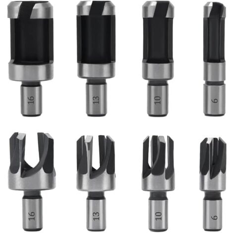 8 Pièces Fraise à Bouchonner Bois, Mèche à Bouchon Bois 6 mm/10 mm/13 mm/16 mm, Acier Carbone Bois Plug Perceuse pour le Travail du Bois, Forets à Bois à Griffe et Coniques