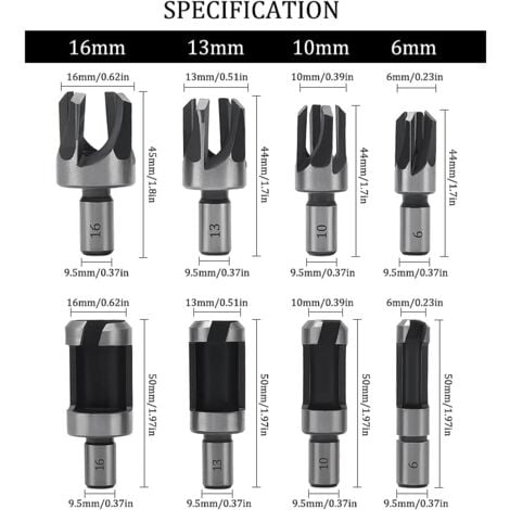8 Pièces Fraise à Bouchonner Bois, Mèche à Bouchon Bois 6 mm/10 mm/13 mm/16 mm, Acier Carbone Bois Plug Perceuse pour le Travail du Bois, Forets à Bois à Griffe et Coniques