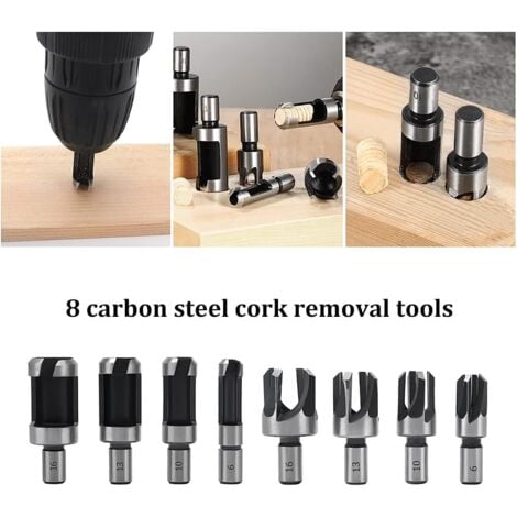 8 Pièces Fraise à Bouchonner Bois, Mèche à Bouchon Bois 6 mm/10 mm/13 mm/16 mm, Acier Carbone Bois Plug Perceuse pour le Travail du Bois, Forets à Bois à Griffe et Coniques