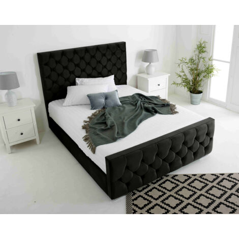 Maya Black Plush Velvet Matching Buttons King Bed Frame