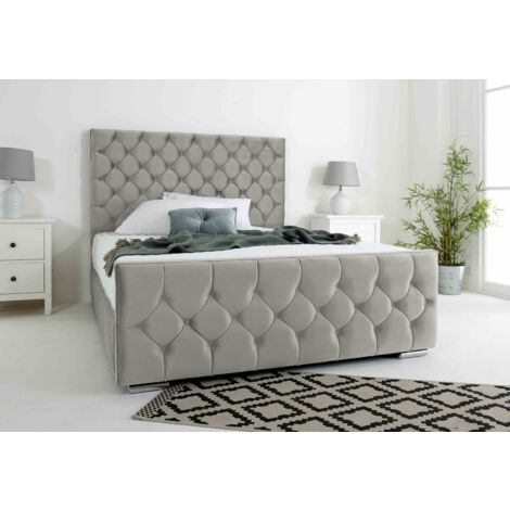 Maya Silver Plush Velvet Matching Buttons Super King Bed Frame