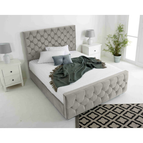 Maya Silver Plush Velvet Matching Buttons Super King Bed Frame