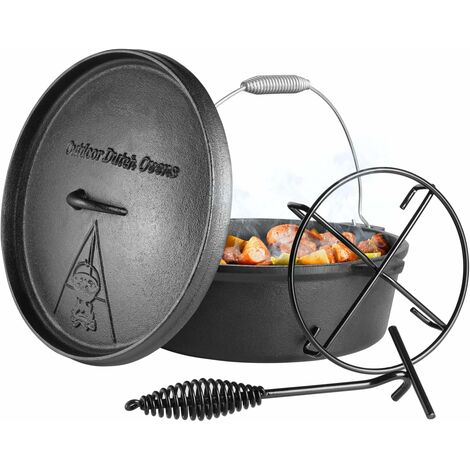 TLGREEN Dutch Oven Set 4 Liter, BBQ Feuertopf Schmortopf, Dickem Gusseisen Kochtopf, Dutch-Oven ohne Beine, inkl. Deckelheber Spiralförmiger Henkel & Topfständer, für Kochen Oudoor Camping (1/5)