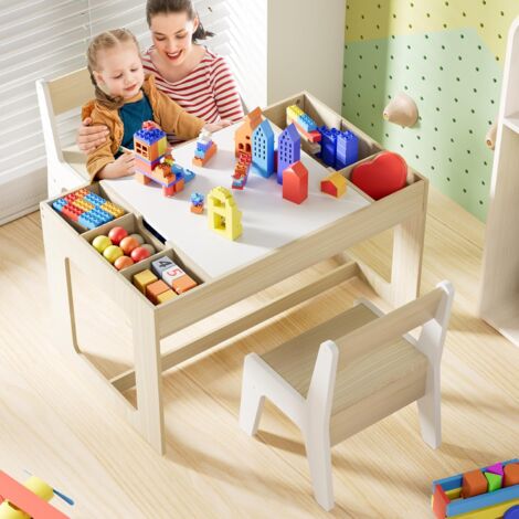 Kindertisch mit 2 Stühlen, Maltisch, Aktivitätstisch, Kindersitzgruppe, Stuhl Set mit Wendeplatte(weiß)