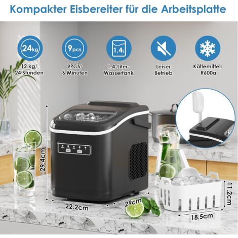Eiswürfelmaschine Eiswürfelbereiter Icemaker Selbstreinigender Eisbereiter,9 Eiswürfel in 6 Minuten,2 Eiswürfelgrößen (schwarz)