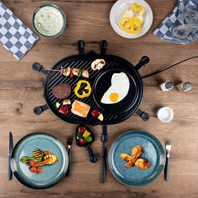 KotiCidsin Appareil à raclette Multifonction, 1200 W Gril raclette, Jusqu'à 8 personnes, Revêtement Antiadhésif, Plaque amovible Facile à Nettoyer, Noir 3