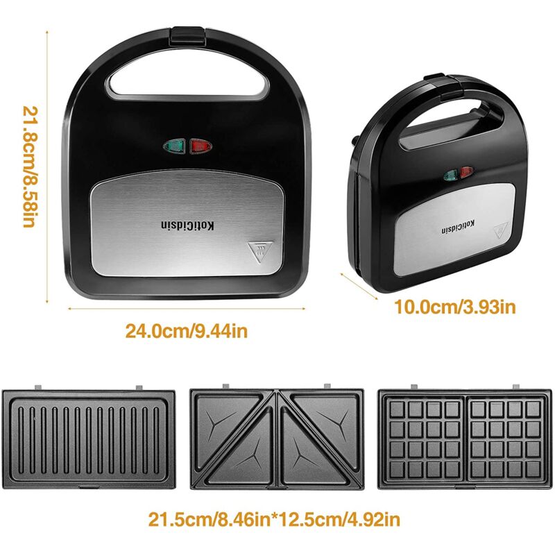 KotiCidsin Gaufrier multifonction, Croque Monsieur, Grill et Gaufrier 3 en 1, Grande Puissance de 750W, Noir 2