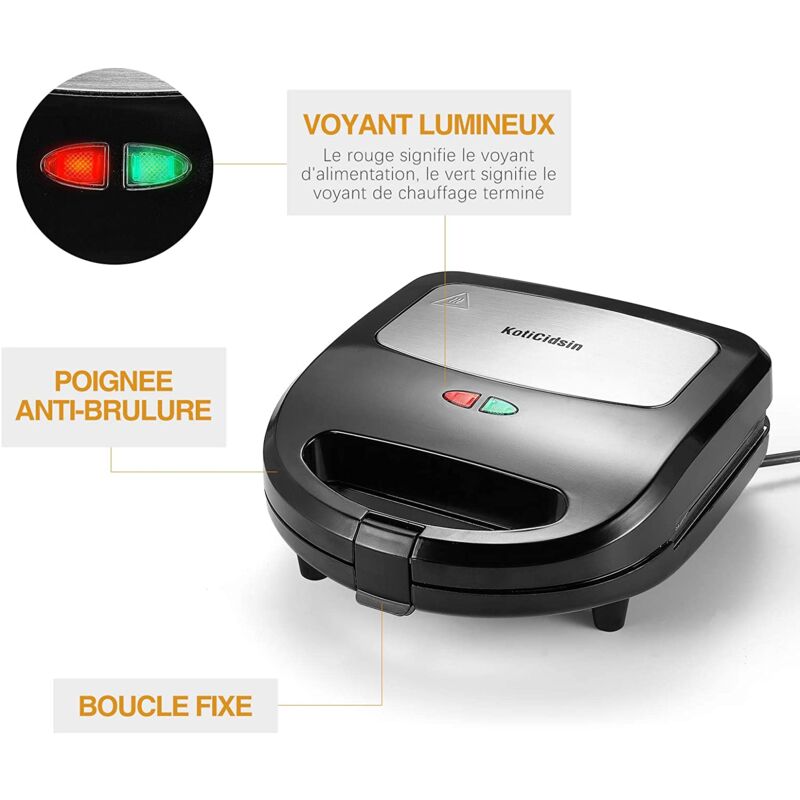 KotiCidsin Gaufrier multifonction, Croque Monsieur, Grill et Gaufrier 3 en 1, Grande Puissance de 750W, Noir 3