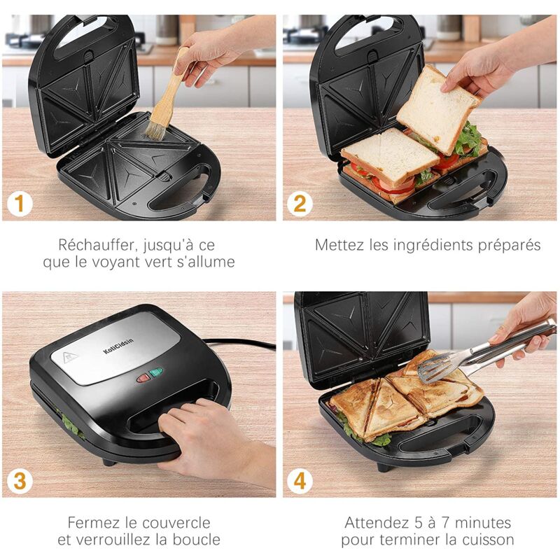 KotiCidsin Gaufrier multifonction, Croque Monsieur, Grill et Gaufrier 3 en 1, Grande Puissance de 750W, Noir 4