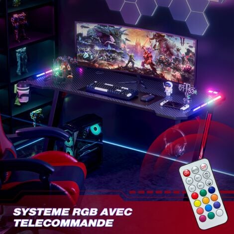 WeValley Bureau Gaming LED, 140 x 60cm Grande Bureau Gamer avec Un Plateau en Fibre de Carbone, Bureau Informatique Ergonomique avec Tapis de Souris, Porte-gobelet et Crochet pour Casque, Noir