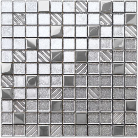 Mosaico in vetro su rete per bagno e cucina 30cm x 30cm - Silver Energy