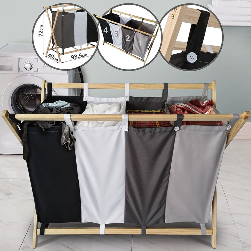 Wäschesortierer mit 4 Fächern Wäschekorb Wäschesammler Wäschebox schwarz 