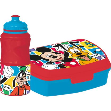 Disney Set borraccia da 380 ml e Sandwich Box rossa per bambini in plastica Mickey Mouse con banda antiscivolo e chiusura di sicurezza