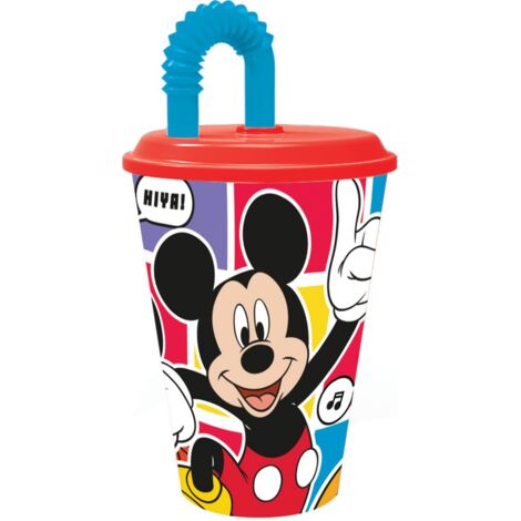 Disney Bicchiere rosso e azzurro per bambini in plastica Mickey Mouse Topolino 430 ml con cannuccia e coperchio flessibile (1/5)