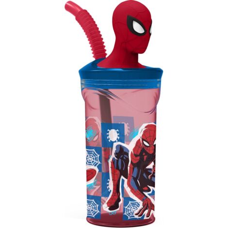 Marvel Bicchiere blu e rosso per bambini in plastica Spiderman Uomo Ragno 360 ml con cannuccia e figura 3D del personaggio (1/5)