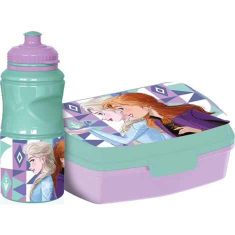 Disney Set borraccia da 380 ml e Sandwich Box azzurra per bambini in plastica Frozen con banda antiscivolo e chiusura di sicurezza (1/5)