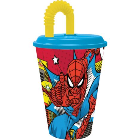 Marvel Bicchiere azzurro e giallo per bambini in plastica Spiderman Uomo Ragno 430 ml con cannuccia e coperchio flessibile (1/5)
