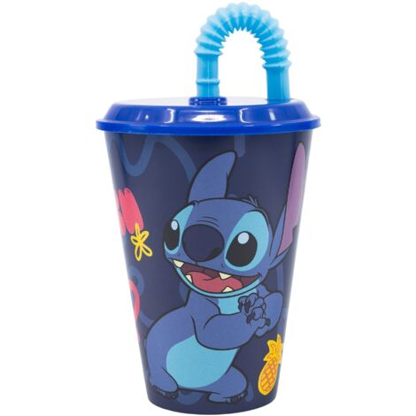 Bicchiere plastica per bambini Disney Stitch da 430 ml, senza BPA, riutilizzabile e lavabile, con cannuccia e coperchio (1/2)