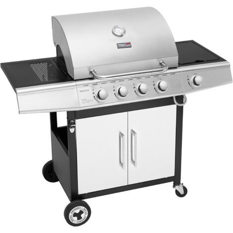 Royal Gourmet – Barbecue à gaz 4 brûleurs en inox – Puissance 14,5 kW – Thermomètre intégré – 2 tables d’appoint – 2 roues directionnelles – Argent