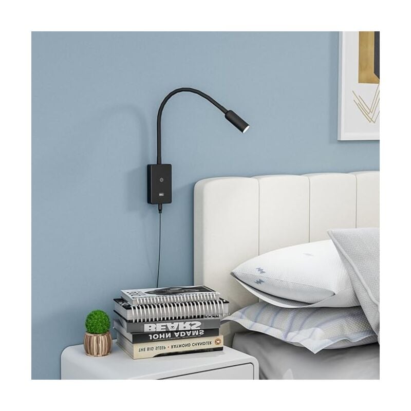 Lampe de Chevet Chambre Applique Murale Tête de Lit de Lecture Livre LED avec Interrupteur Tactile, Luminaire Noir, Port USB 5V 2A, Éclairage Neutre, 100%- 70%- 35%- 15% Luminosité Variable 2