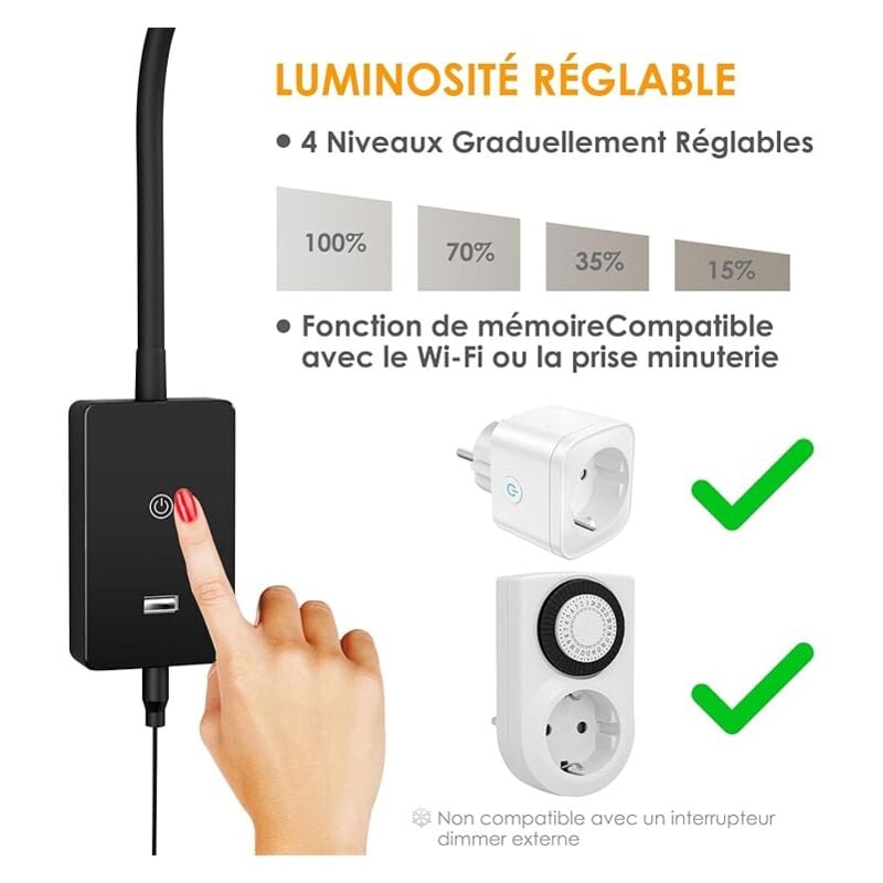 Lampe de Chevet Chambre Applique Murale Tête de Lit de Lecture Livre LED avec Interrupteur Tactile, Luminaire Noir, Port USB 5V 2A, Éclairage Neutre, 100%- 70%- 35%- 15% Luminosité Variable 3