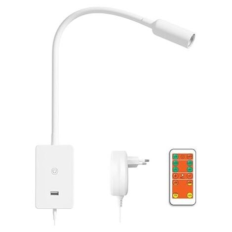 Applique murale LED blanche pour lecture – Télécommande sans fil – Luminosité variable 240 lumens – Éclairage neutre 4000K – Port USB 5V 2A