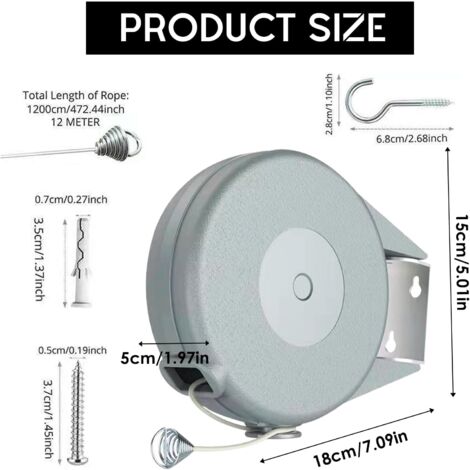 Corde à Linge Rétractable Murale 5 M - 2 Lignes, Charge 22 Kg Chacune - En Acier Inoxydable - Pour Intérieur/extérieur - GAESHOW