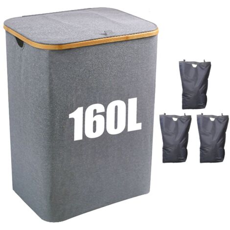 Nannigr Panier à linge avec couvercle - 3 compartiments - 160 l - Avec 3 sacs à linge - Grand panier à linge pliable - En bois de bambou - Gris (1/5)