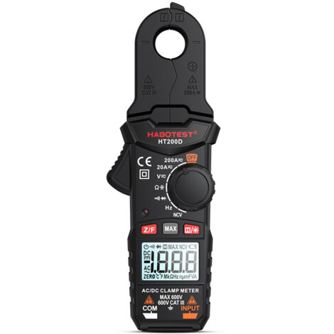 Nannigr Multimètre pinces mini HT200D 2000 counts RMS 600V 200A R/C/fréquence/diode/continu noir sans pile