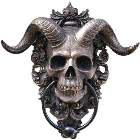 Plaque Suspendue Squelette Tête de Chèvre, Plaque Murale Heurtoir de Porte, Squelette Effrayant Sombre avec Cornes Mystérieuses sur Fond Dentelle et Filigrane (1/5)