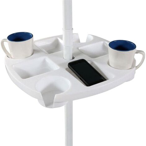 Plateau de Table Parapluie, Plateau de Table Rond en Plastique avec 4 Porte-gobelets et Compartiments à Collation pour Plage, Terrasse, Jardin, Piscine (1/5)
