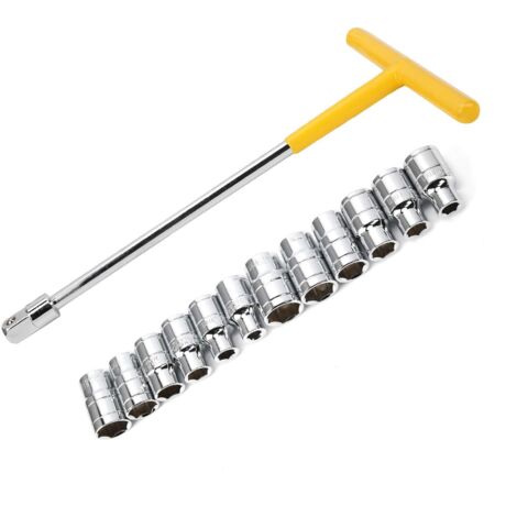 Clé à douille en T, 13-en-1 en acier au chrome-vanadium Clé à douille hexagonale externe en forme de T + 12 pièces de douilles remplaçables, interface 1/2 pouce, pour l'entretien des machines automobi (1/5)