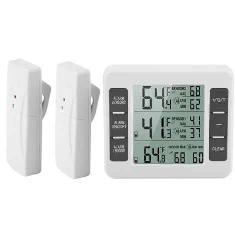 Thermomètre de Réfrigérateur, Thermomètre de Frigo Congelateur sans Fil avec 2 Capteurs, Alarme Sonore, Min/Max, Thermomètre In/Extérieur - Blanc (1/5)