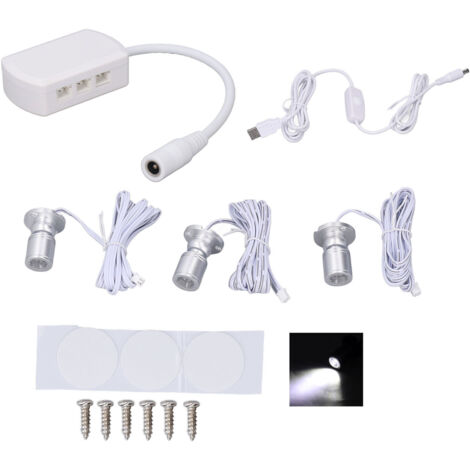 Mini LED Spot Lights 5V USB Vitrine Lumière d'affichage 1 à 3 Lumière de petit meuble dimmable Argent clair blanc (1/5)