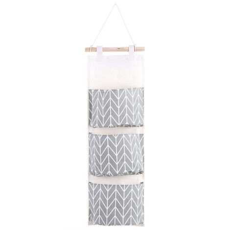 3 poches coton lin tenture murale sac de rangement porte pochette chambre maison bureau organisateur gris (1/5)